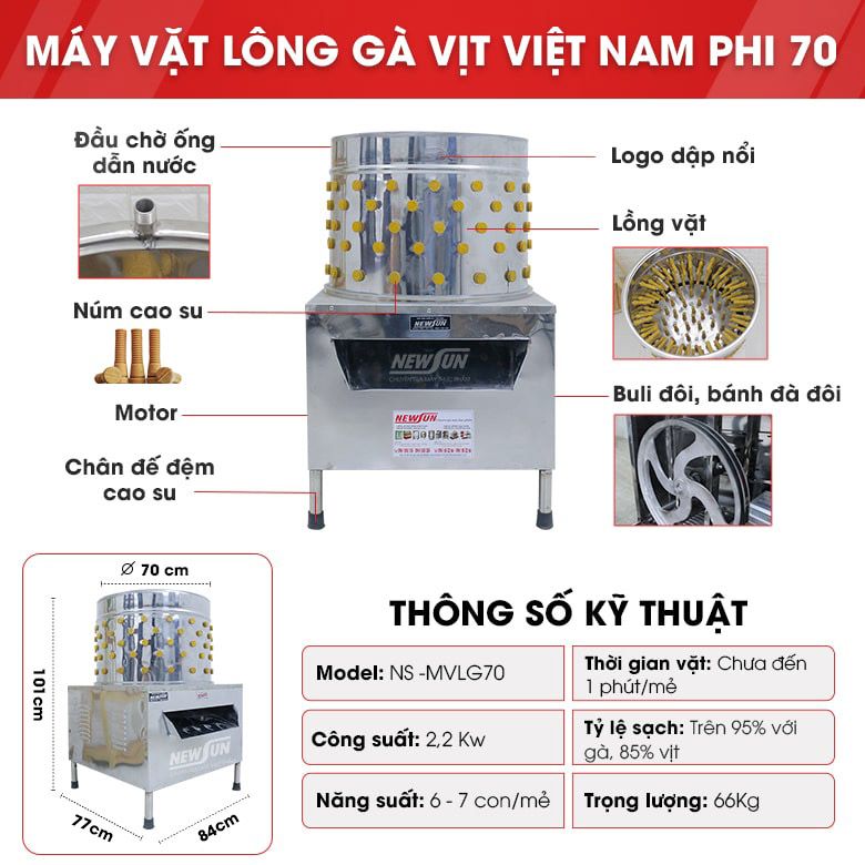Cấu tạo máy vặt lông gà vịt Việt Nam phi 70cm