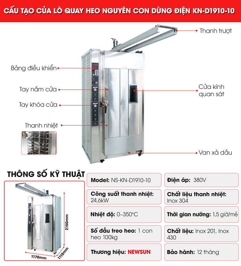 Cấu tạo lò quay heo nguyên con dùng điện KN-D1910-10