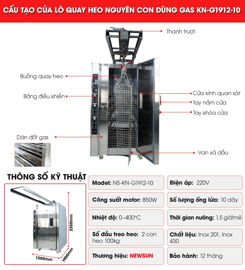 Cấu tạo lò quay heo nguyên con KN-G1912-10 bằng gas