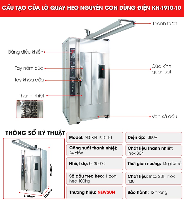 Cấu tạo lò quay heo nguyên con KN-1910-10 bằng điện