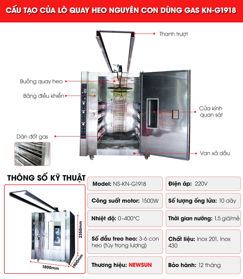 Cấu tạo lò quay heo nguyên con KN-G1918 dùng gas